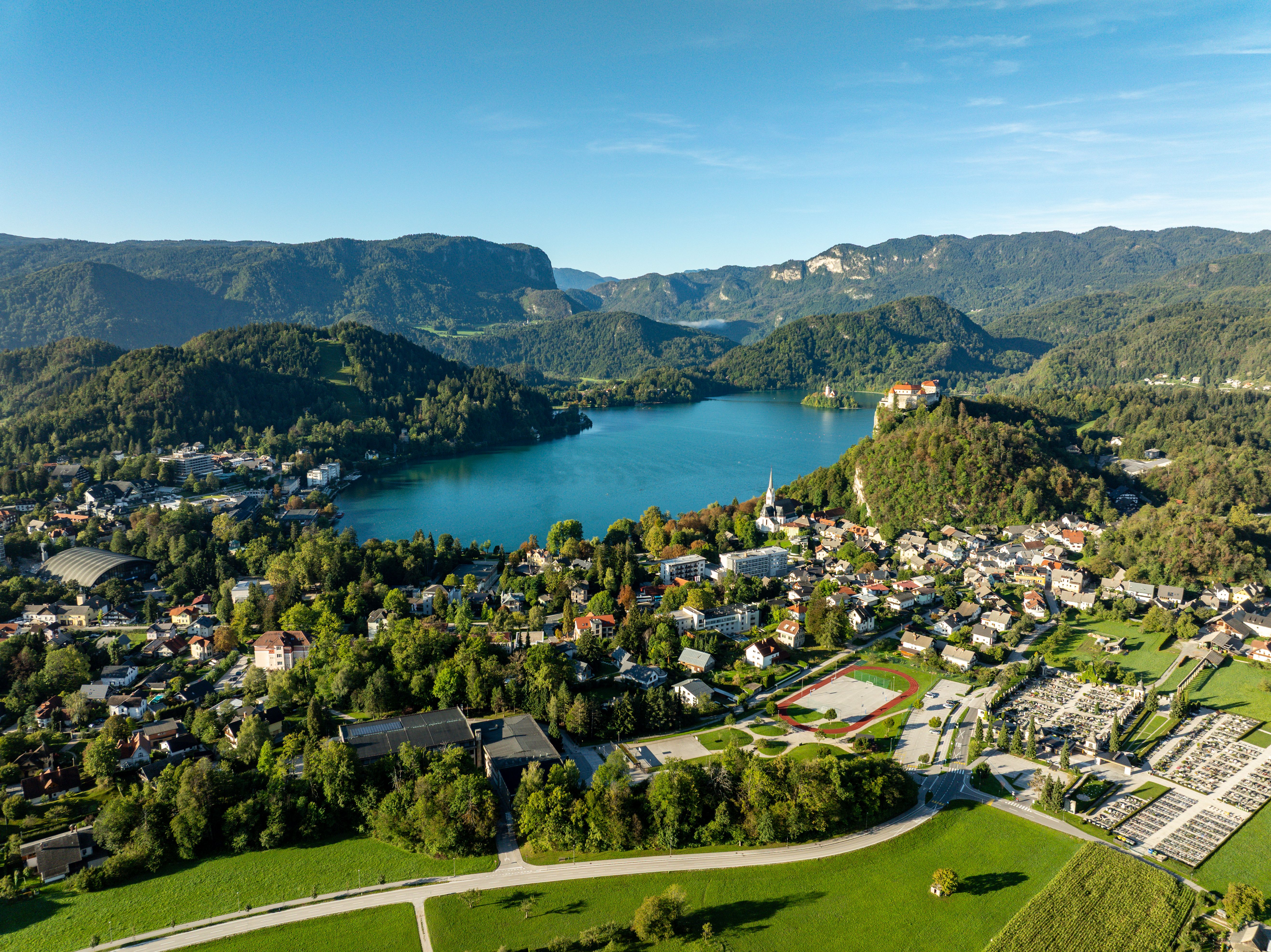 Stunning aerial view of Lake Bled and the scenic surrounding landscape in Slovenia.