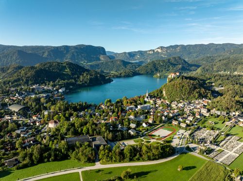 Free Stunning aerial view of Lake Bled and the scenic surrounding landscape in Slovenia. Stock Photo