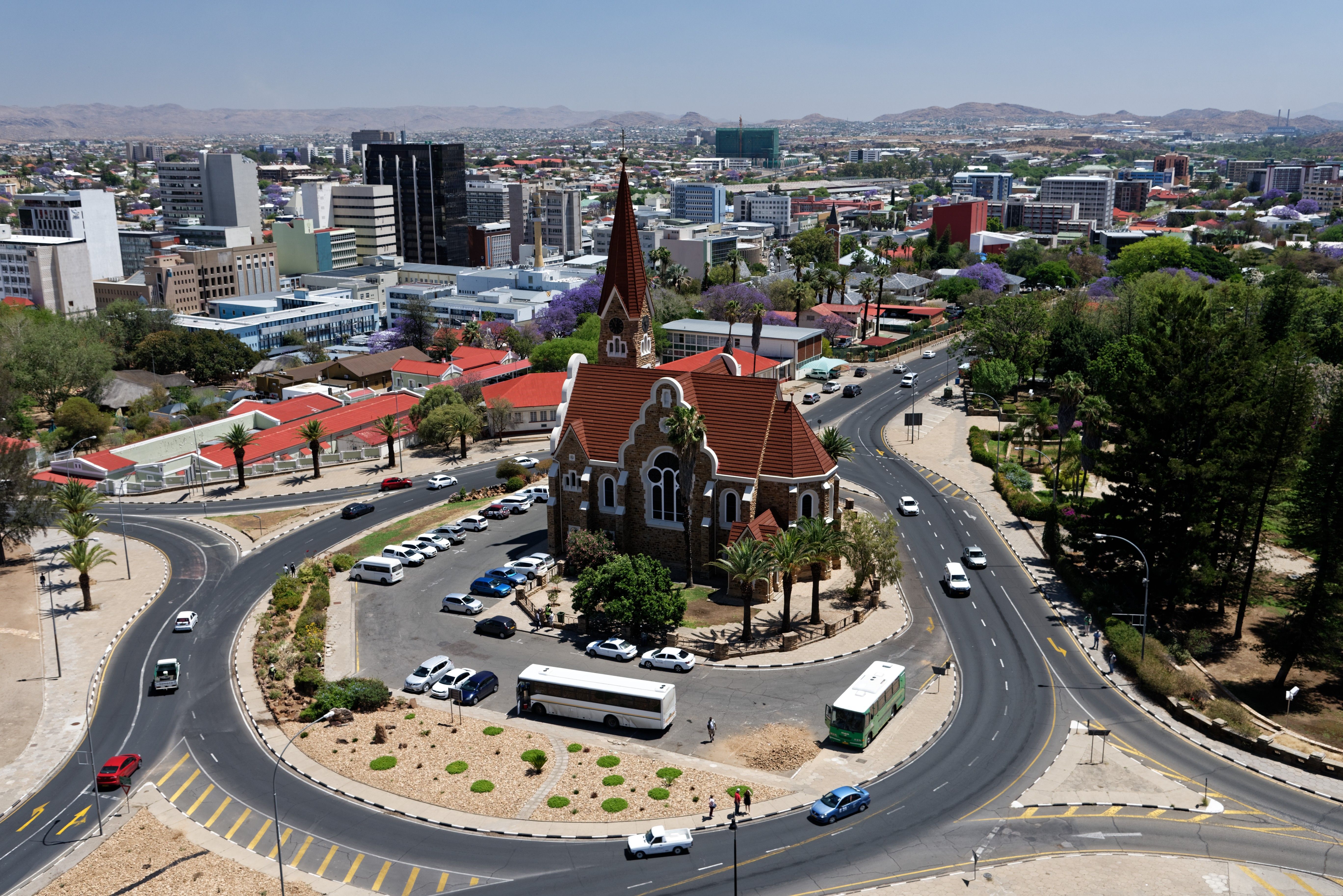 Aerial photograph of Windhoek cityscape centered on Christ Church, Namibia's iconic landmark.