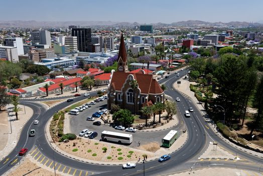 Aerial photograph of Windhoek cityscape centered on Christ Church, Namibia's iconic landmark.