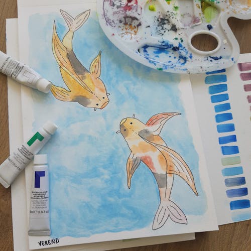 Free Watercolor Painting on Koi Fish  Stock Photo