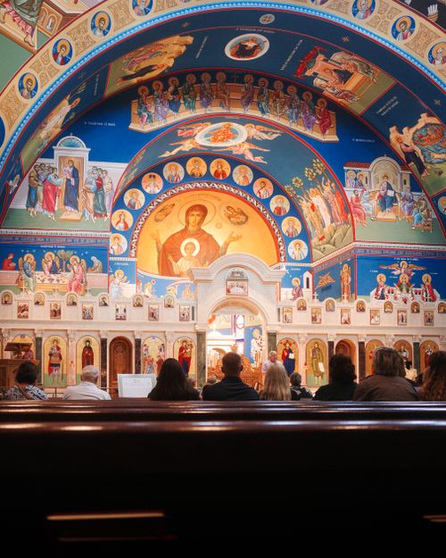 Free View of the vibrant interior of Saint Basil The Great Greek Orthodox Church during a service in Houston, Texas. Stock Photo