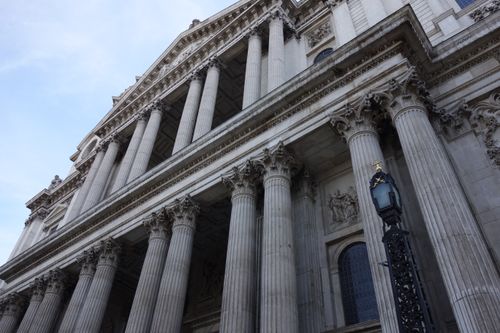 Free Low-angle view of the iconic St. Paul's Cathedral's classical columns in London. Stock Photo