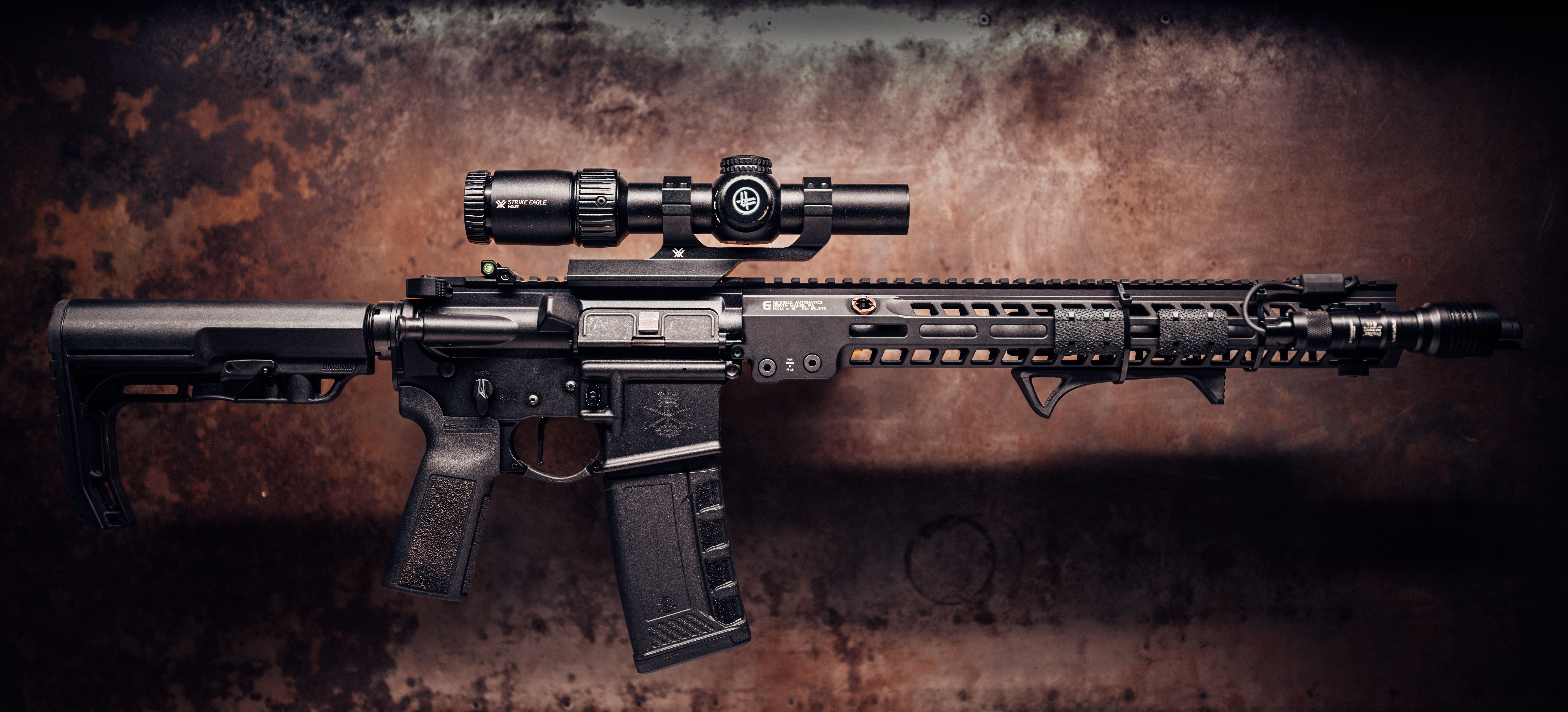 Detailed image of a custom-built tactical rifle with LPVO scope.