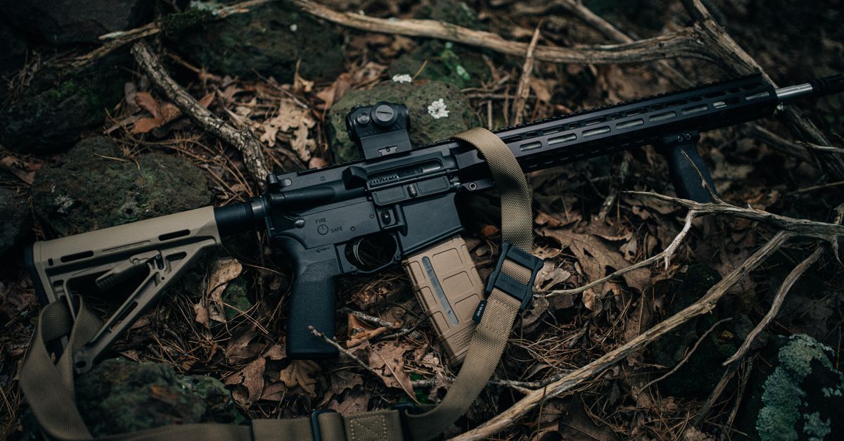 AR-15 rifle with sling rests on forest ground covered with leaves and branches.