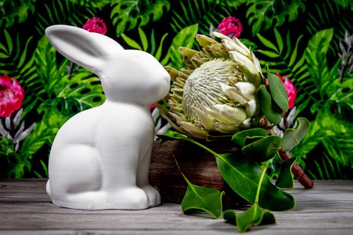 Free White bunny sculpture with a protea flower display on wooden surface, vibrant leafy background. Stock Photo