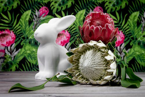 White Ceramic Rabbit Figurine Beside Red and White Flower