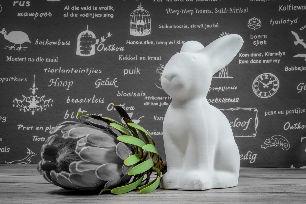white ceramic bunny with protea flower on background with text symboli