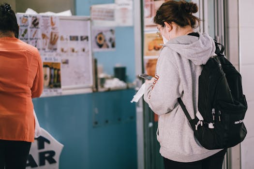 Young woman wearing mask and hoodie standing at a food stall in Sydney during the day.