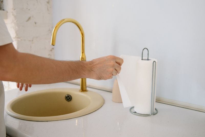 Modern kitchen sink with gold gooseneck faucet on white quartz countertop