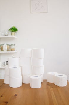 Stacked toilet rolls on wooden table in bright indoor setting with minimalist decor.