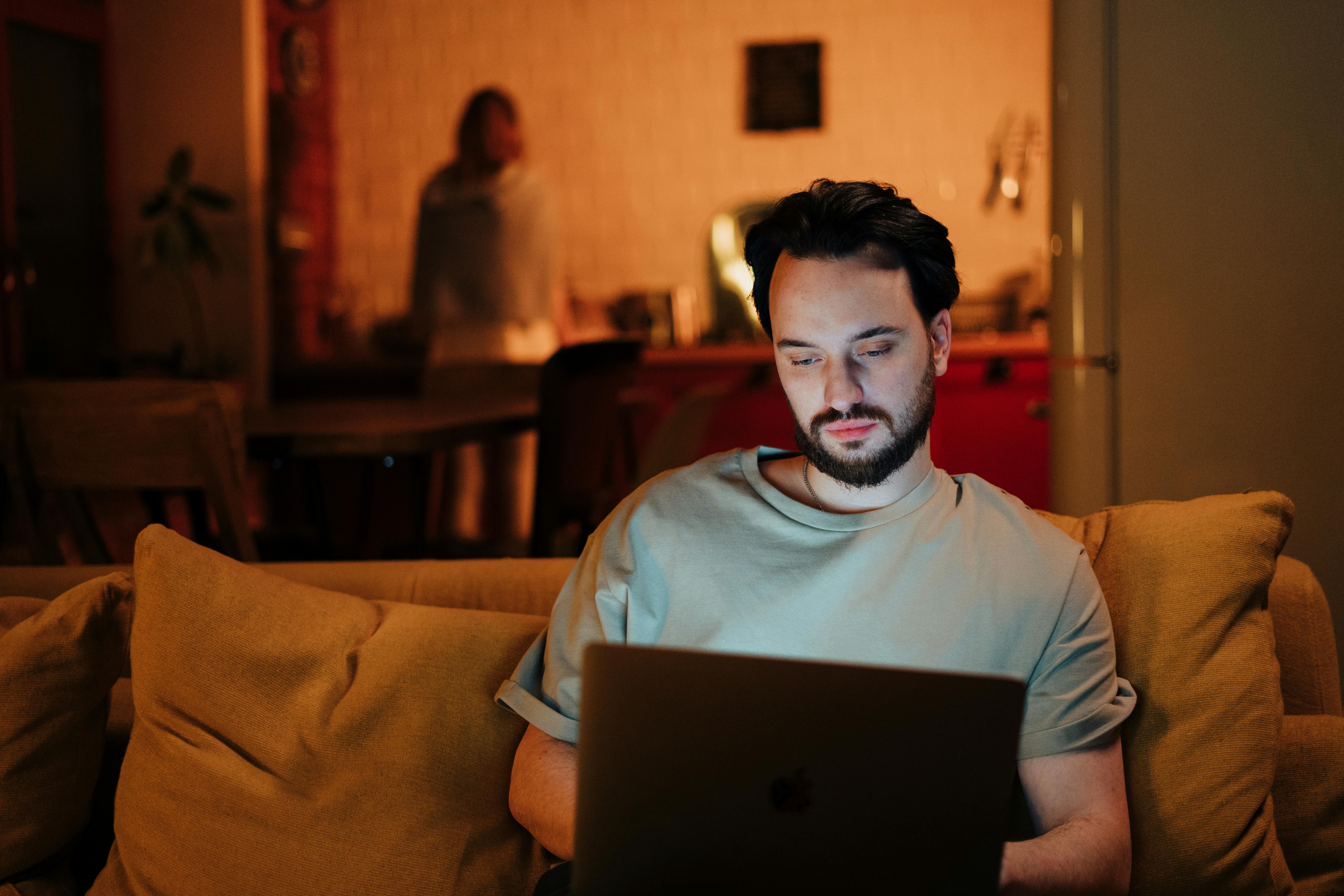 man couple love laptop