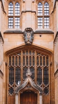 Detailed facade of a Gothic-style building in Oxford, UK.
