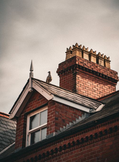 Free A solitary bird perched atop a historic red brick building with ornate chimney and cloudy sky. Stock Photo