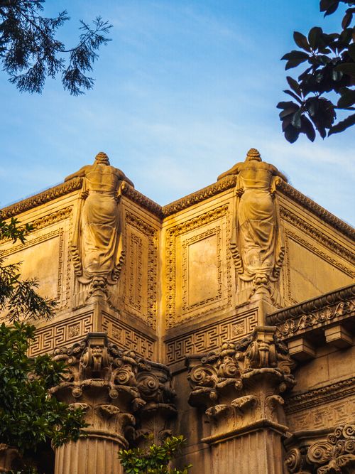 Free Golden hour light on the intricate columns of the Palace of Fine Arts. Stock Photo