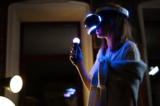Woman enjoying virtual reality gaming at home with VR headset and controller.