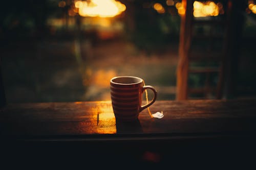 Free From above of cup of hot tea placed on balcony wooden railing against blurred green forest during bright sunrise Stock Photo