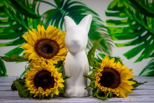 Free Bright yellow sunflowers beside a white ceramic rabbit figurine indoors with tropical leaf background. Stock Photo