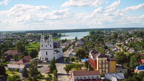 Free Aerial view of Polotsk featuring a historic church and scenic landscape. Stock Photo