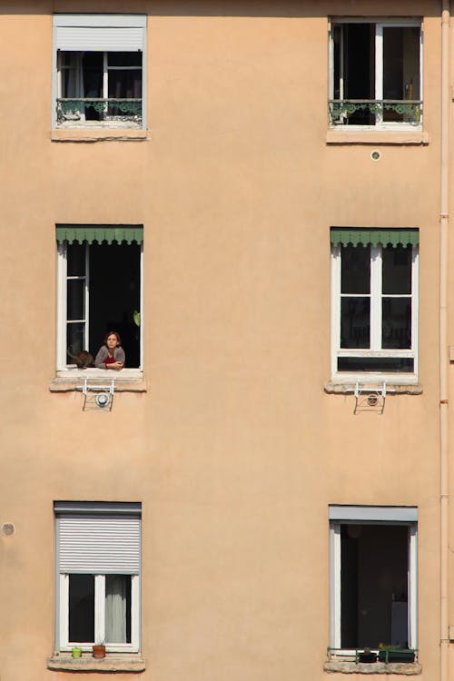 Free Person On a Window of an Apartment Building Stock Photo