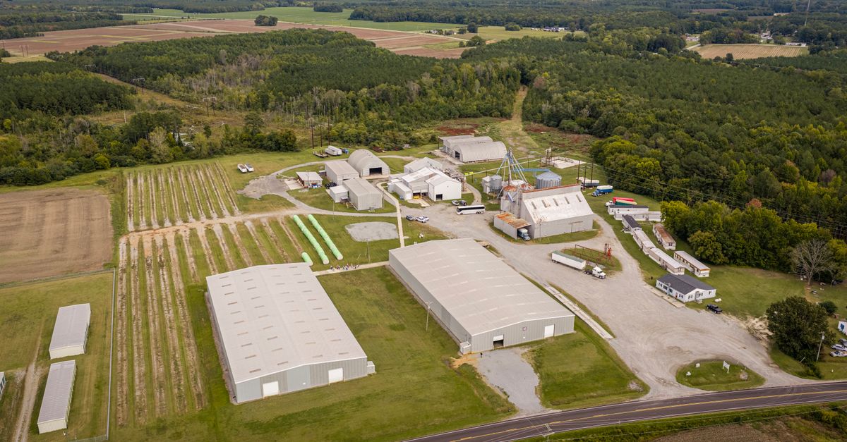 An aerial view of a large agricultural processing plant amidst expansive farmland in North Carolina.