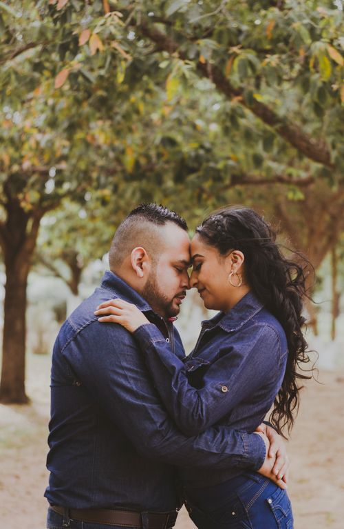 Free Side view of young romantic ethnic couple with closed eyes embracing and touching foreheads while standing against lush trees in autumn park Stock Photo