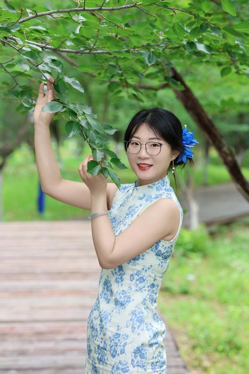 Free East Asian woman in a blue floral cheongsam smiling outdoors in Hefei, China. Stock Photo