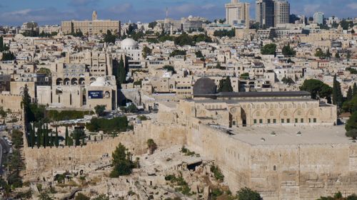 Free Panoramic view of the historic Old City of Jerusalem, featuring ancient architecture and landmarks. Stock Photo