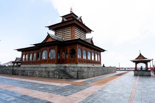 Free Intricate wooden temple architecture in Shoghi, Himachal Pradesh, India. Stock Photo