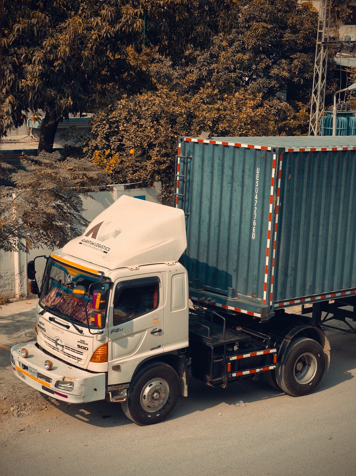 A large container truck on a city road