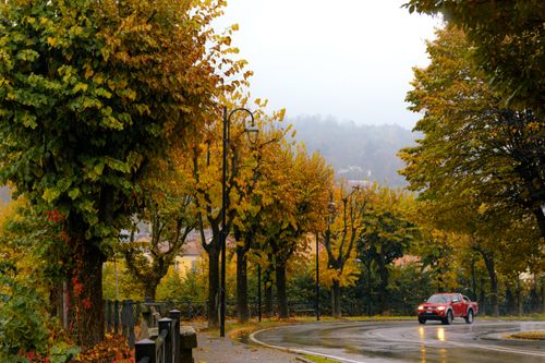 Free Scenic autumn drive with a red car navigating a leaf-lined road under overcast skies. Stock Photo