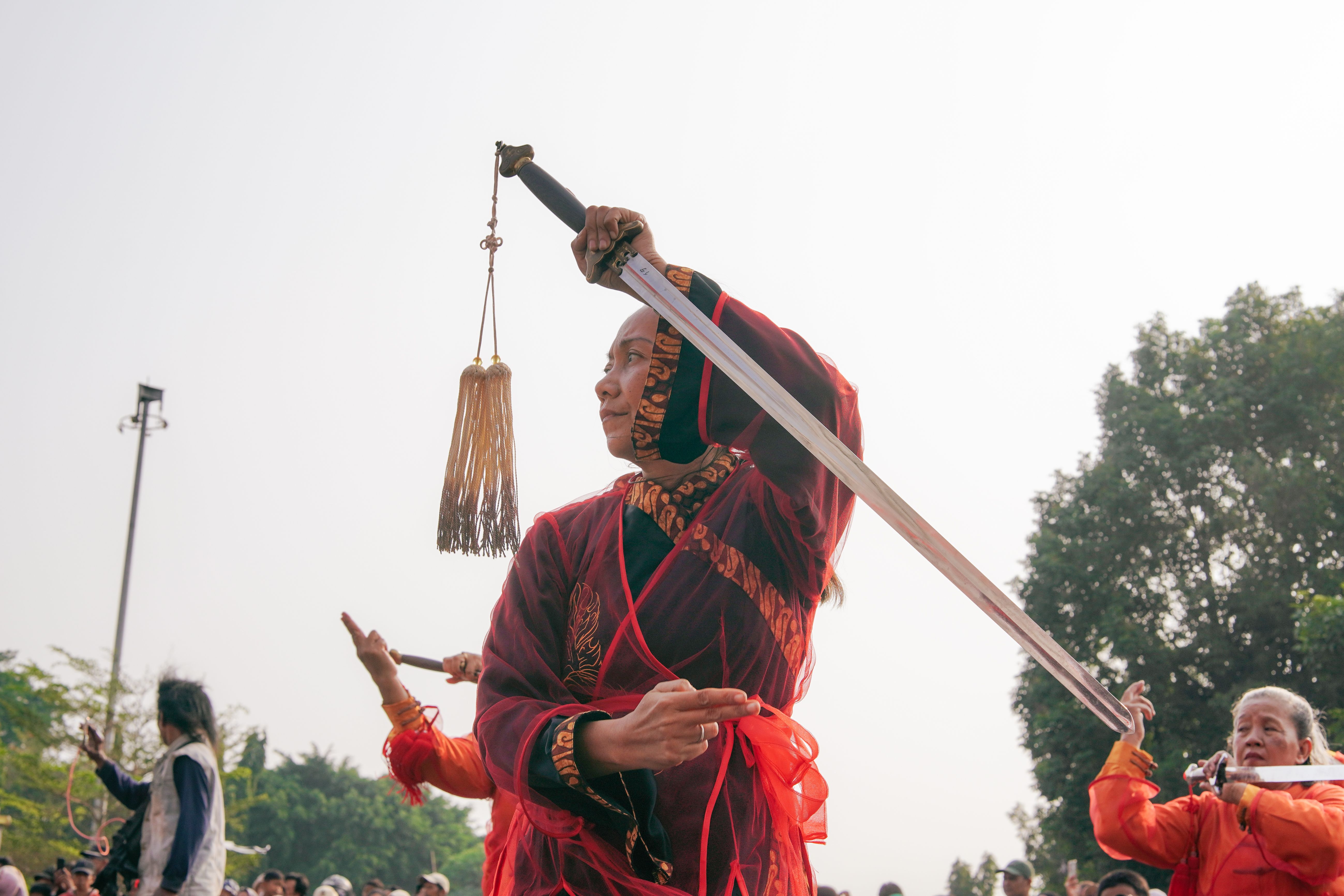 Group of adults practicing traditional Chinese martial arts with swords outdoors, showcasing cultural exercise.