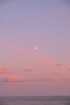 宁静的夏夜，海上日落时分，粉色的天空映衬着一轮明月，捕捉了这份静谧