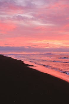 Stunning pink sunset over a tranquil Kamchatka beach with waves lapping the shore.