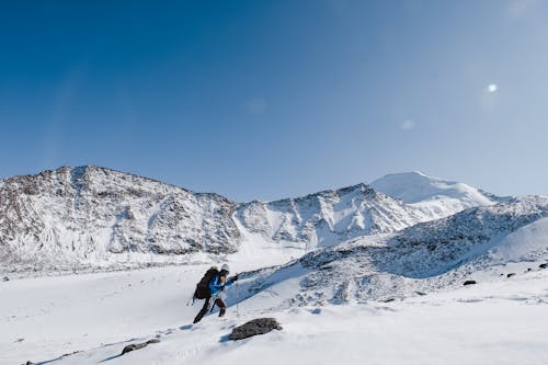 Hiker on Snow Covered Mountain