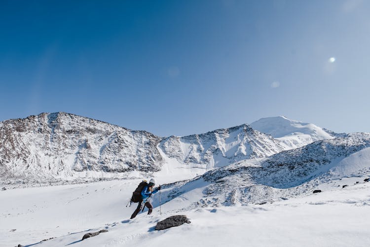 Hiker On Snow Covered Mountain