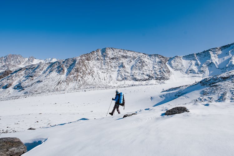 Hiker On Snow Covered Mountain