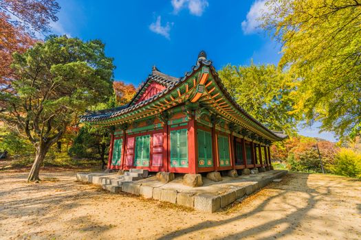 Traditional Korean building surrounded by vibrant autumn foliage at Namhansanseong Fortress.