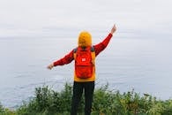 悬崖边，一个背着背包的人面朝大海，象征着冒险和探索