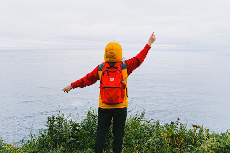 Person In A Hoodie Standing On A Cliff Near Sea