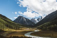 蜿蜒的河流、森林、蓝天，还有美丽的山景