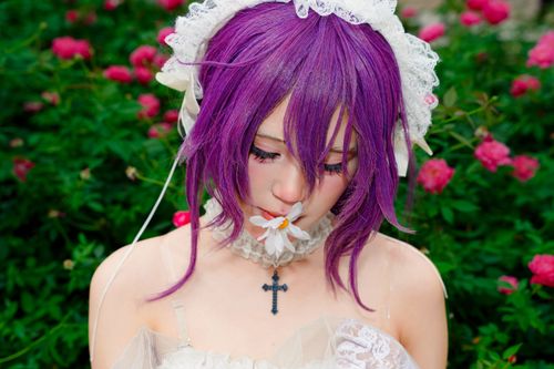 Free Woman in purple-haired cosplay outfit with flower in mouth, surrounded by roses. Stock Photo