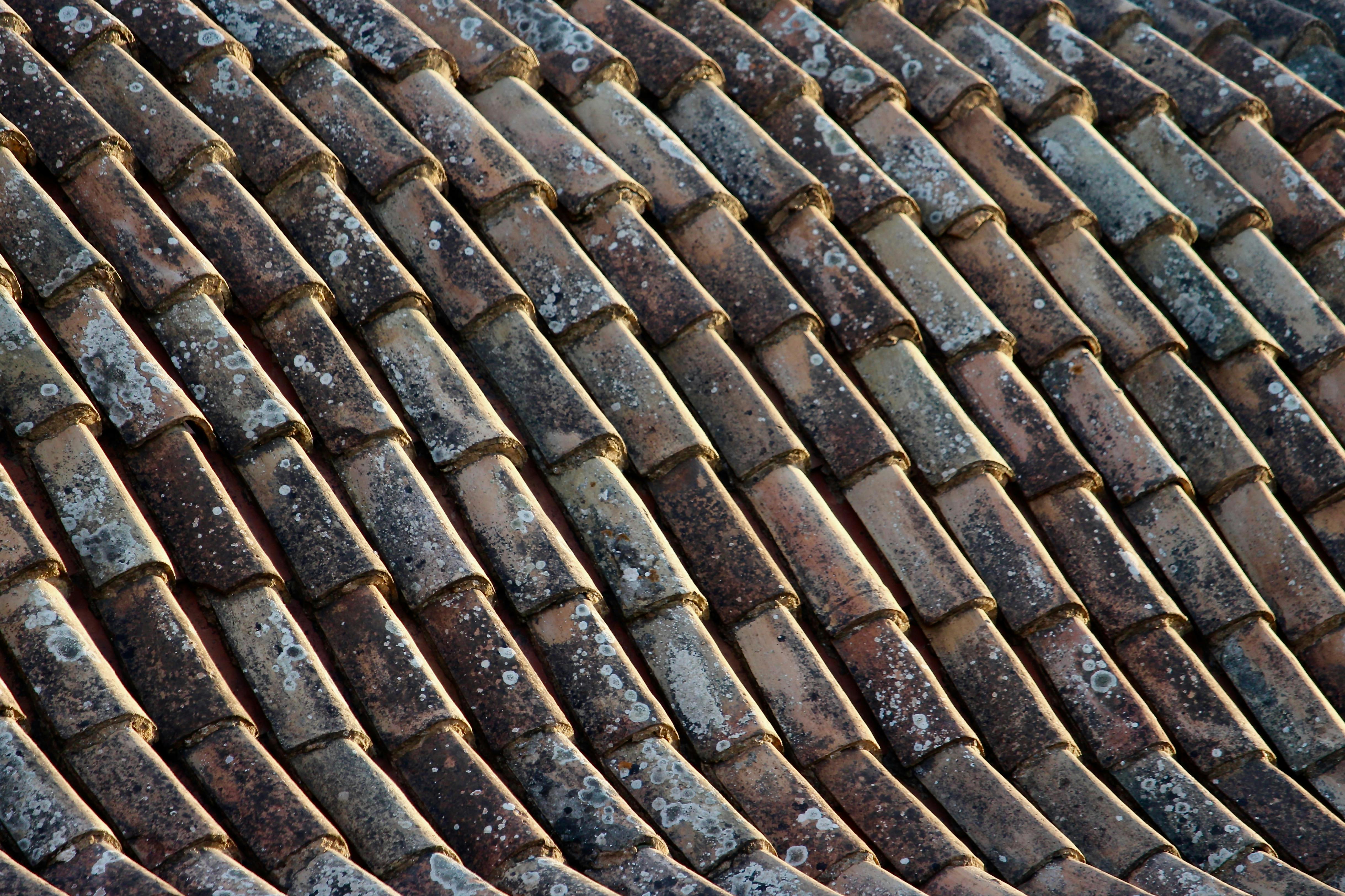 A detailed view of aged roof tiles showcasing a rustic pattern and texture.