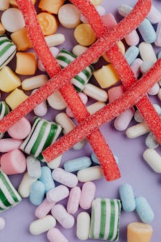 Vibrant mix of assorted candies on lilac background creating a fun and festive look.