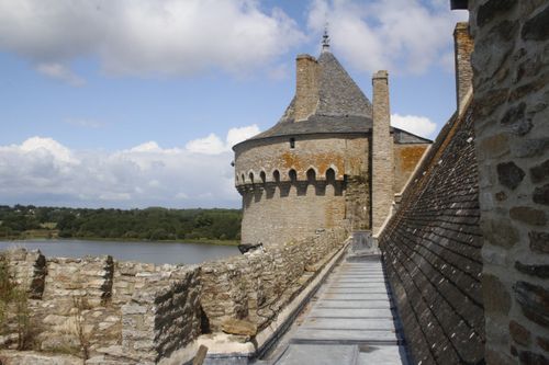 Free A medieval stone castle with rustic architecture overlooking a beautiful lake under a clear sky. Stock Photo