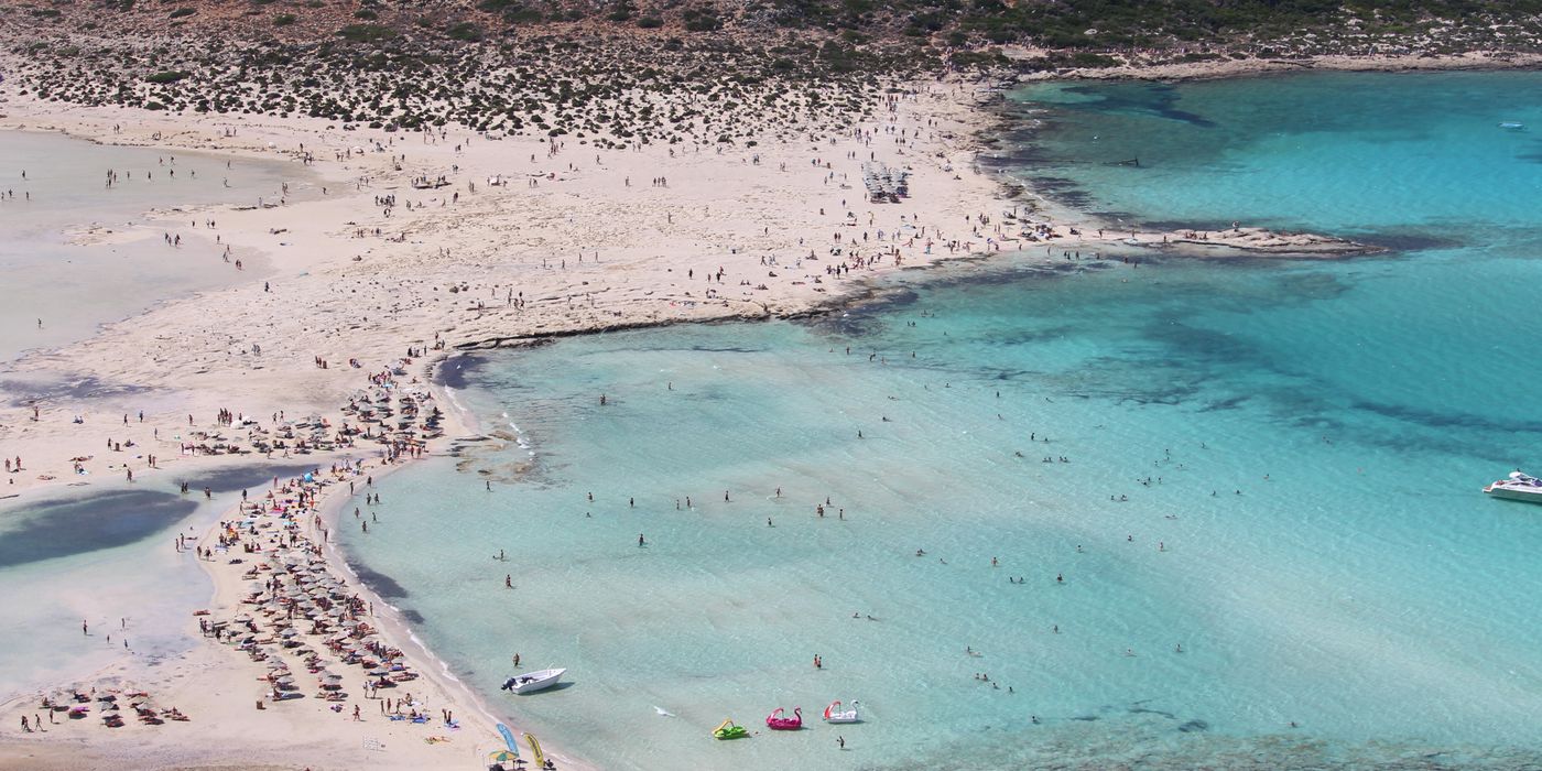 Aerial view of Balos beach lagoon in Crete with turquoise water and sandy shore