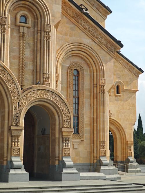 Free Detailed view of Holy Trinity Cathedral's ornate facade in Tbilisi, showcasing unique architectural design. Stock Photo