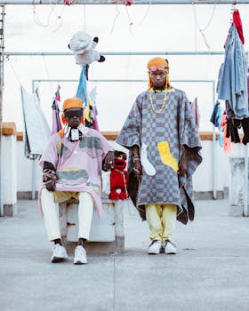 Stylish duo in colorful outfits on a Nairobi rooftop, showcasing contemporary fashion.
