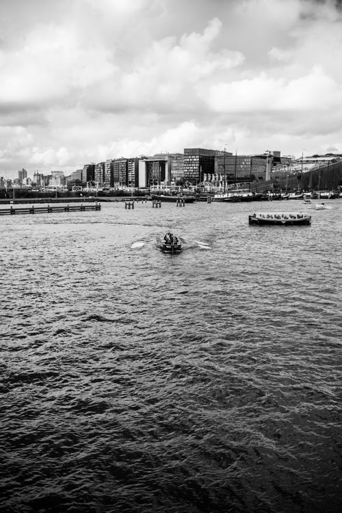 Free Black and white image of a rowing team on a river with an urban skyline. Stock Photo