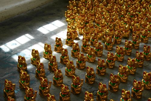 Free Multiple golden Maneki-Neko figurines lit by sunlight, arranged indoors. Stock Photo